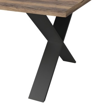 Mesa de madera natural con tablero de roble y patas cruzadas negras en X