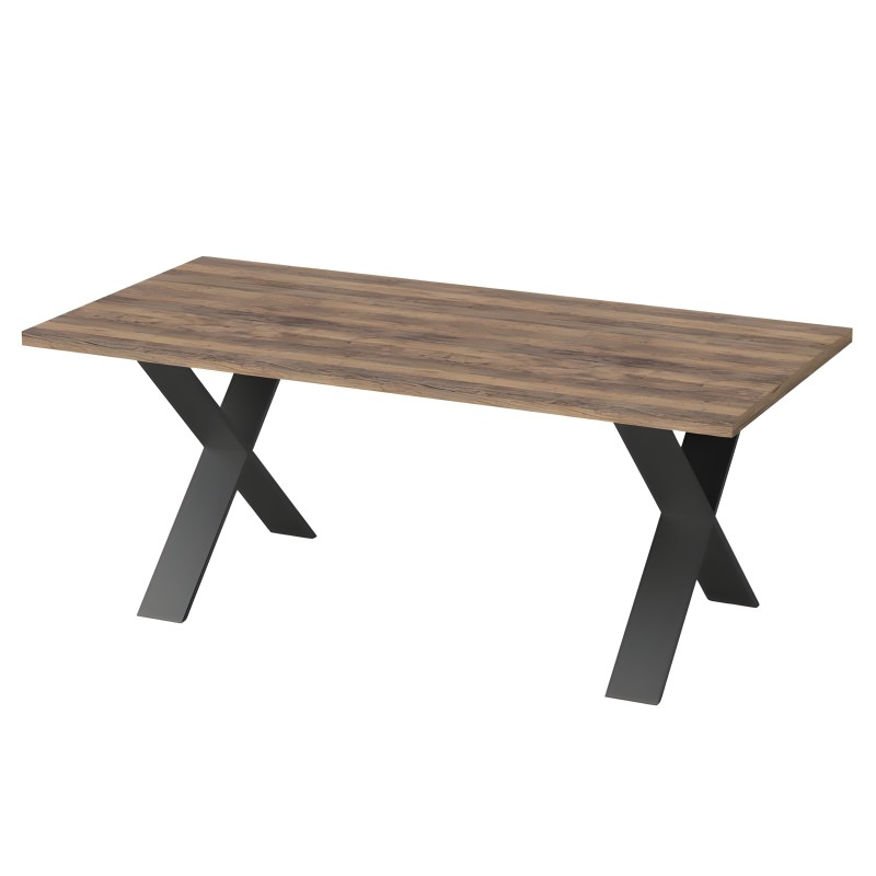 Mesa de comedor rectangular con tablero de madera oscura y patas metálicas negras en forma de X
