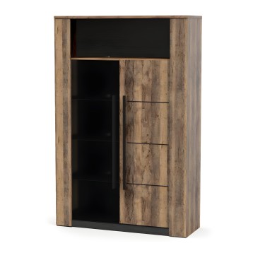 Vitrina de madera envejecida con marco negro y puertas con herrajes negros