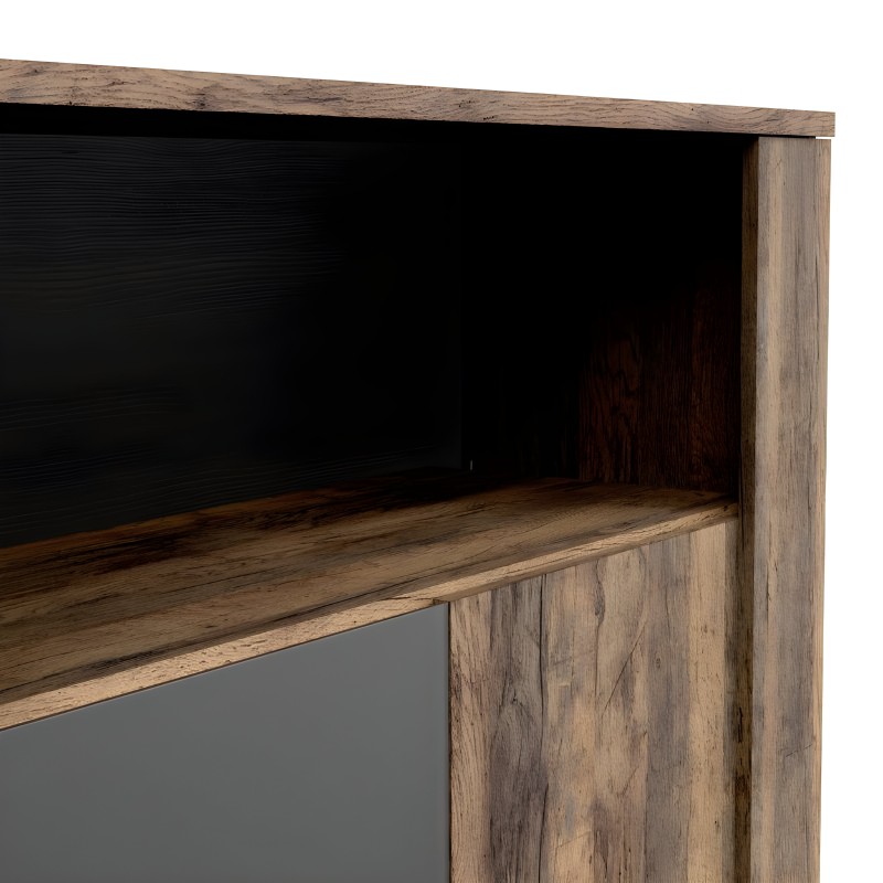 Mueble vitrina con estructura de madera clara y frentes en negro y gris detalle de interior oscuro