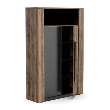 Vitrina en madera envejecida y negro con estantes ajustables y puerta corredera