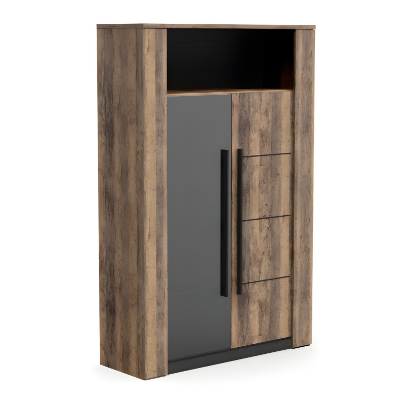 Vitrina alta de madera clara con puerta gris y detalles negros y nicho abierto en la parte superior