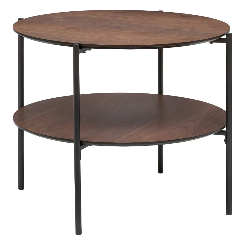 Mesa auxiliar redonda de dos niveles con tableros de madera y estructura metálica negra