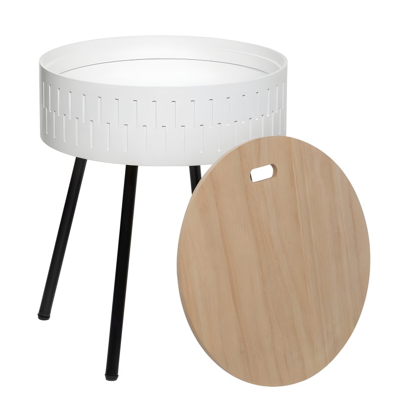 Mesa auxiliar redonda blanca con patas negras y bandeja extraíble en madera clara