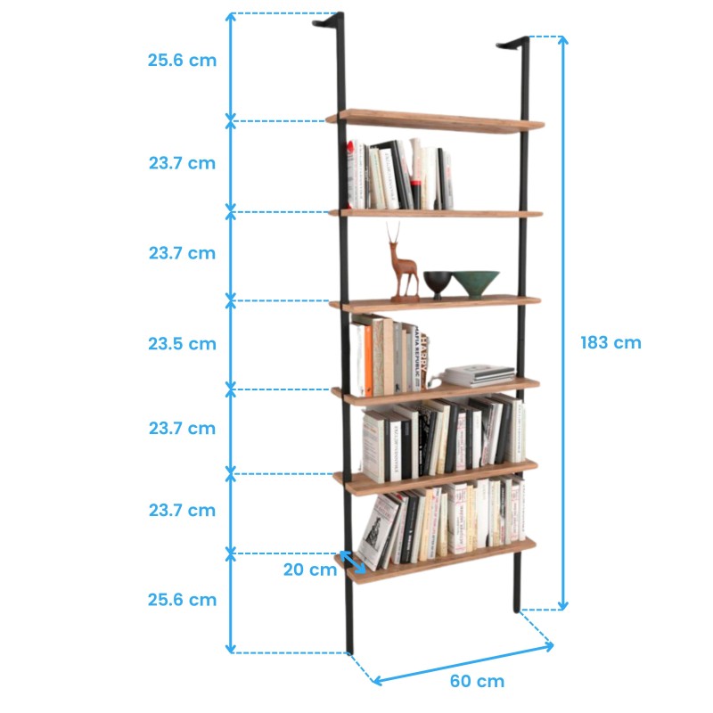 Estantería modular de madera y metal con 7 estantes y estructura negra para libros y decoración