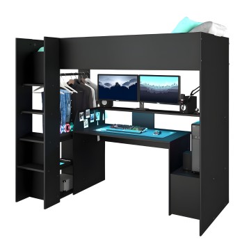 Escritorio gamer negro con estructura elevada y cama superior y almacenamiento integrado para pantallas y accesorios