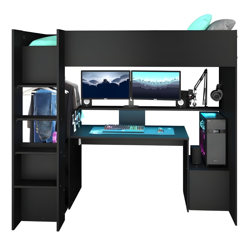 Escritorio gaming negro con estantes integrados y sobrecama con almohadas turquesas y grises