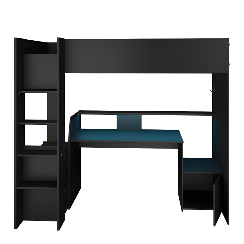 Cama alta negra con escritorio integrado en color azul y estanterías laterales abiertas