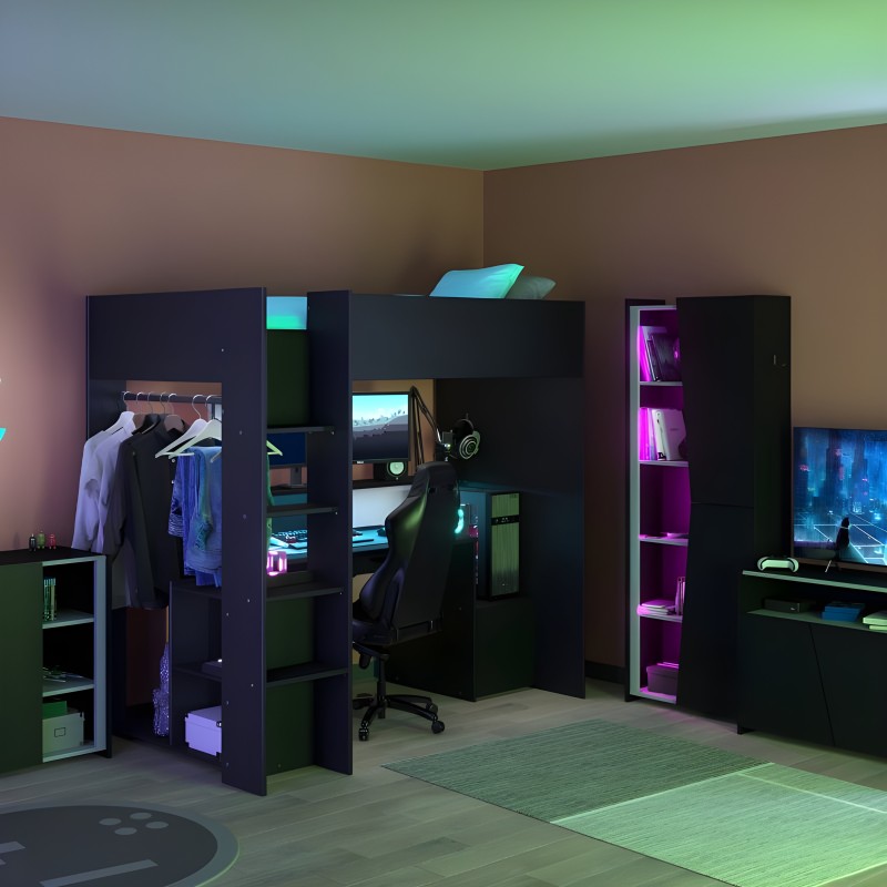 Cama alta negra con escritorio integrado y estantería para habitación juvenil con iluminación LED