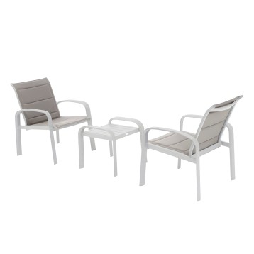 Conjunto de jardín con dos sillones grises y mesa baja estructura aluminio blanco