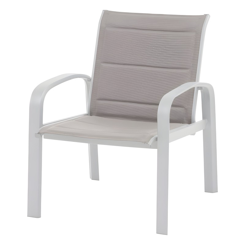 Sillón de exterior con estructura blanca y asiento y respaldo en textileno gris claro