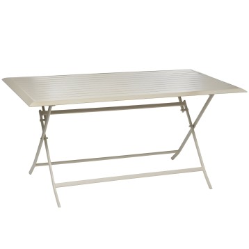 Mesa de jardín plegable rectangular en aluminio color gris con tablero de lamas y estructura tipo X