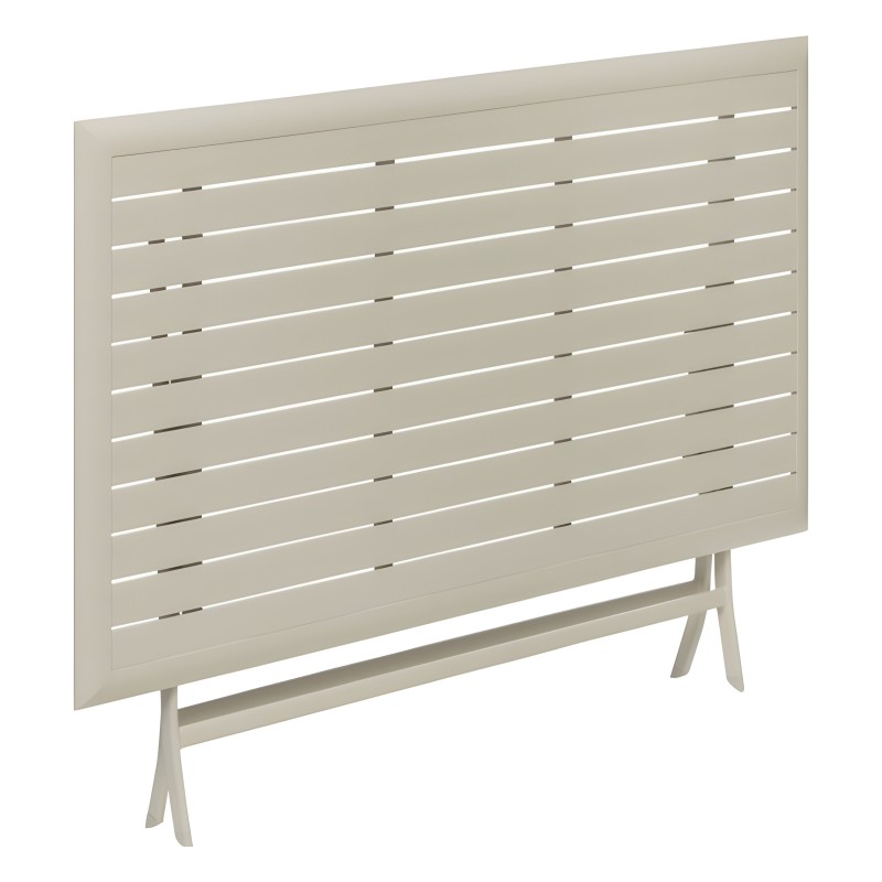 Mesa de jardín beige con listones horizontales y patas cruzadas