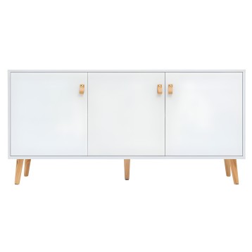 Aparador con tres puertas blancas y patas de madera natural con herrajes dorados