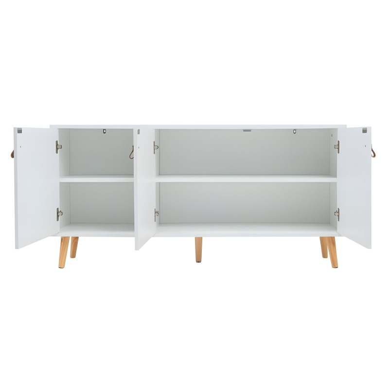 Aparador blanco con puertas abiertas y estantes interiores y patas de madera natural