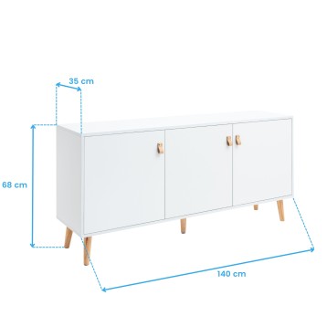 Aparador blanco con tres puertas y tiradores de madera sobre patas de madera clara vista en perspectiva con medidas