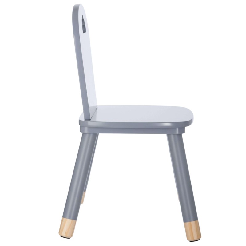 Silla infantil con asiento y respaldo redondeado blanco y estructura gris con patas de madera natural