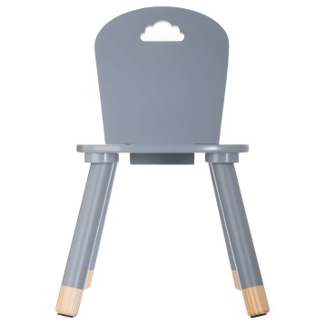 Silla infantil gris con respaldo nube y patas de madera natural vista frontal