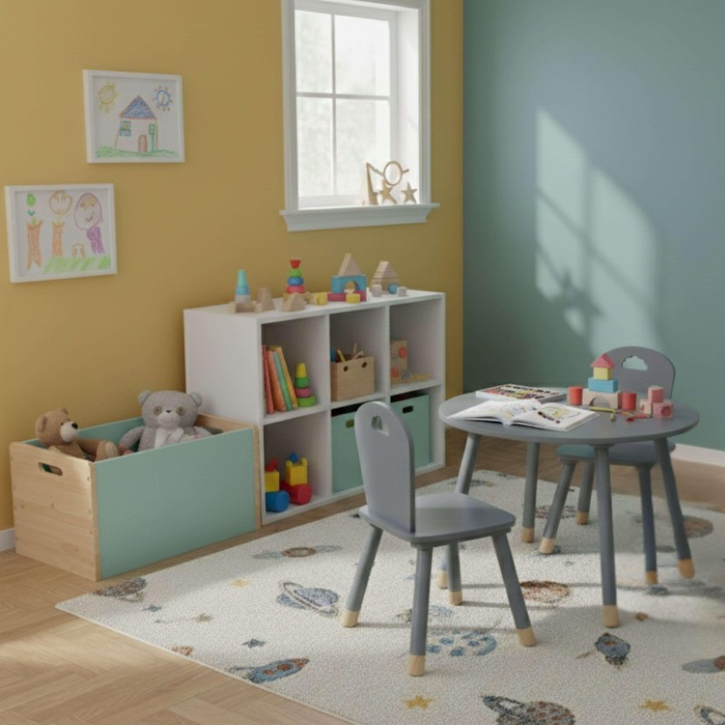 Habitación infantil con escritorio redondo gris y silla gris con patas de madera junto a estantería blanca y caja de almacenaje 