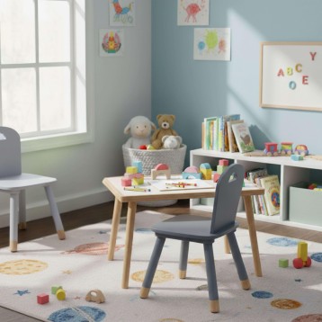 Silla infantil con respaldo gris oscuro y patas de madera natural en habitación infantil junto a mesa de trabajo