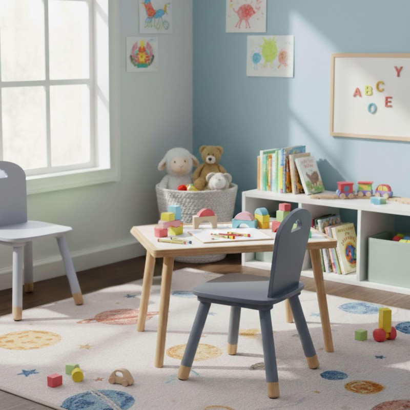 Silla infantil con respaldo gris oscuro y patas de madera natural en habitación infantil junto a mesa de trabajo
