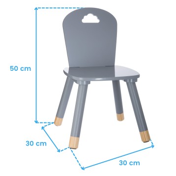 Silla infantil gris con respaldo redondeado y patas de madera con detalle de nube blanca