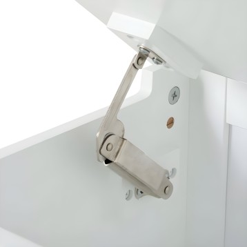 Detalle de bisagra y amortiguador de puerta abatible en blanco con mecanismo de cierre suave