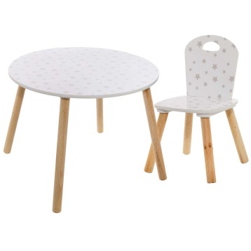 Conjunto infantil mesa redonda blanca con estrellas y silla a juego con patas de madera natural