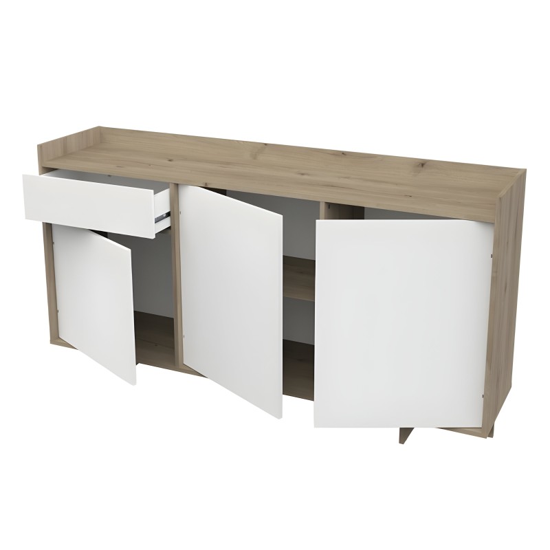 Aparador de madera natural y frentes blancos con puertas abatibles y cajón superior abierto