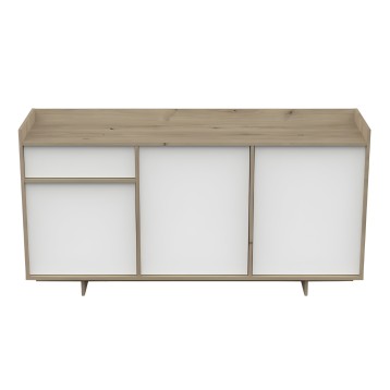 Aparador de madera clara y frentes blancos con tres puertas y un cajón superior sobre patas de madera