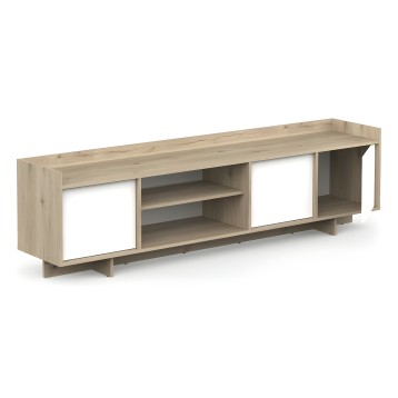 Mueble TV bajo en madera clara con puertas correderas blancas y estantes abiertos interiores