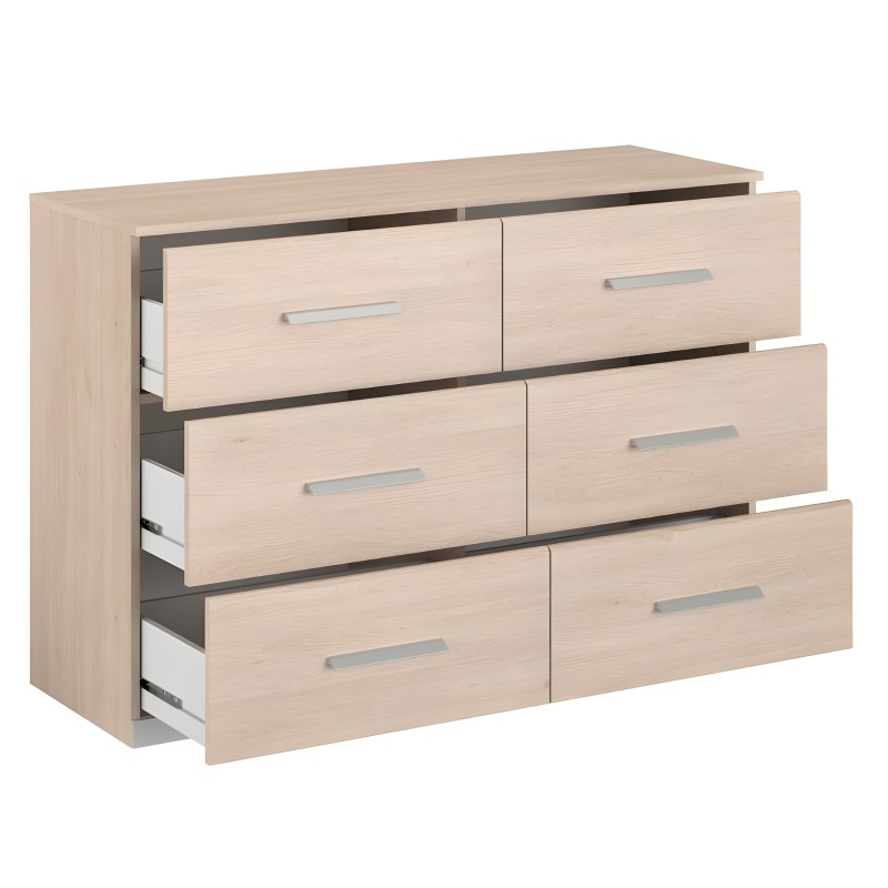 Cómoda de madera clara con seis cajones y tiradores plateados con drawers abiertos