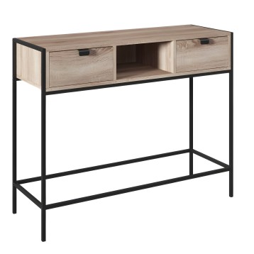 Mueble de entrada con estructura metálica negra y tablero madera clara con dos cajones y nicho central abierto