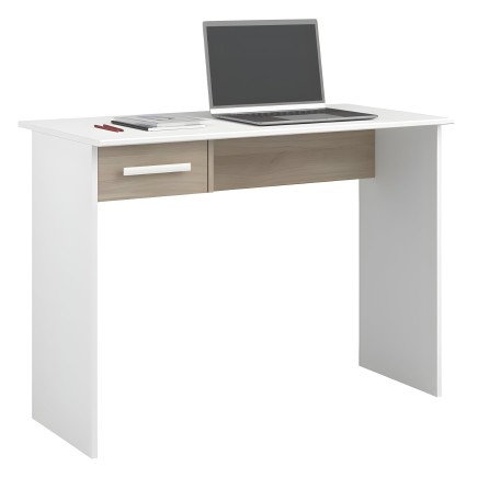 Escritorio blanco y madera con dos cajones y superficie de trabajo para computadora y documentos