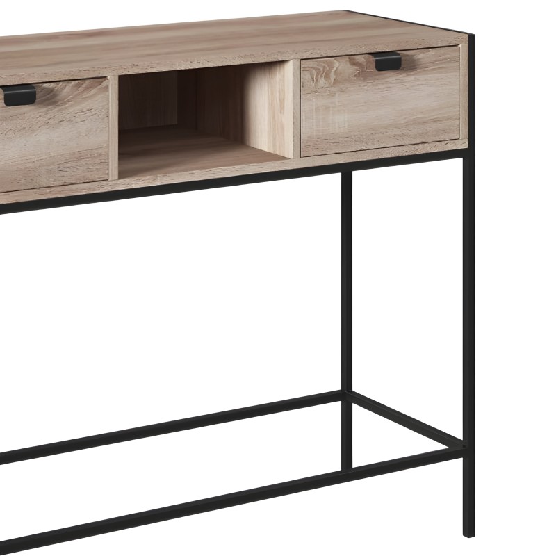Mueble de entrada con estructura de metal negro y tablero de madera clara con compartimentos abiertos y cajones