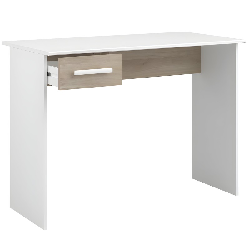 Escritorio blanco con cajón madera natural y estructura minimalista vista frontal