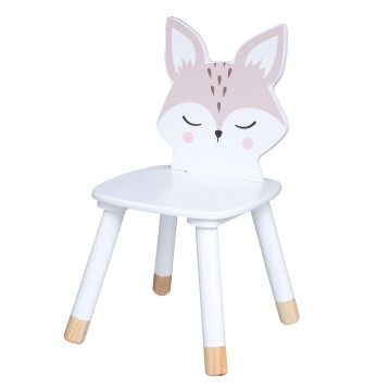 Silla infantil con respaldo en forma de zorro blanco y rosa y patas de madera natural
