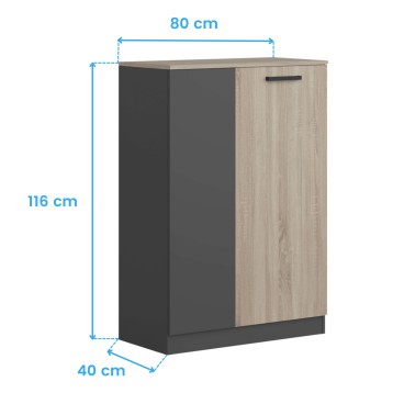 Mueble auxiliar bajo con puertas en gris antracita y madera clara y tirador metálico negro vista frontal