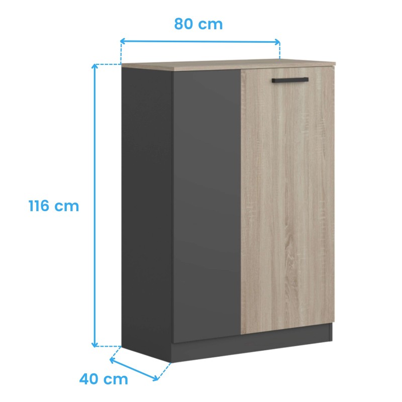 Mueble auxiliar bajo con puertas en gris antracita y madera clara y tirador metálico negro vista frontal
