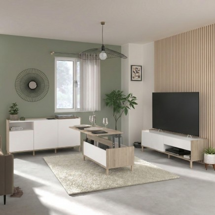 Salón moderno con muebles nórdicos en blanco y madera natural y paredes verde salvia