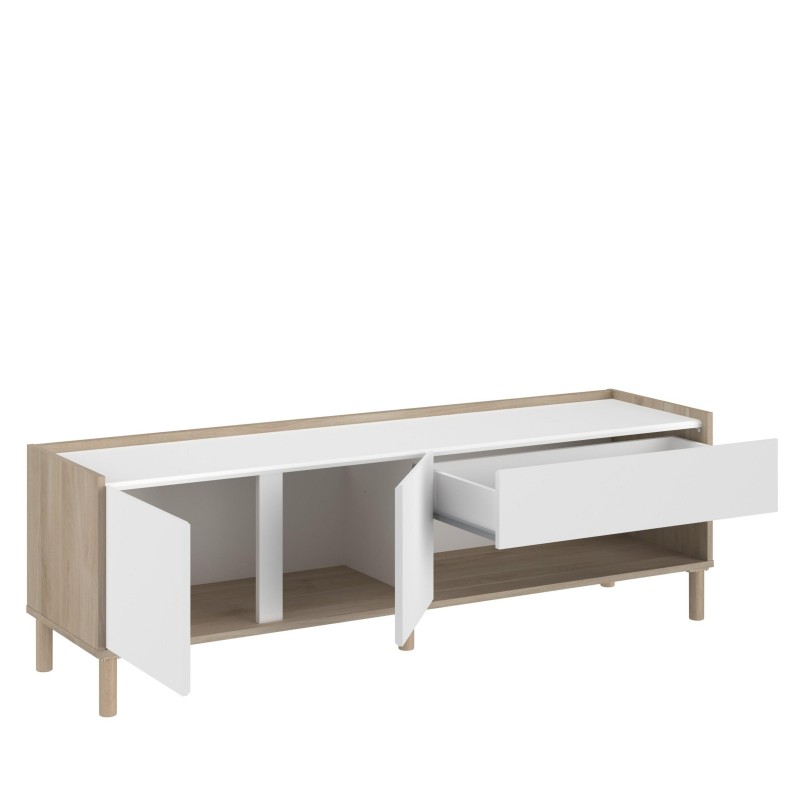 Mueble TV bajo con estructura madera natural y frentes blancos con cajón deslizante y puertas abatibles