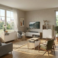 Pack 4 Muebles de Salón Estilo Nórdico Color Roble Japonés y Blanco
