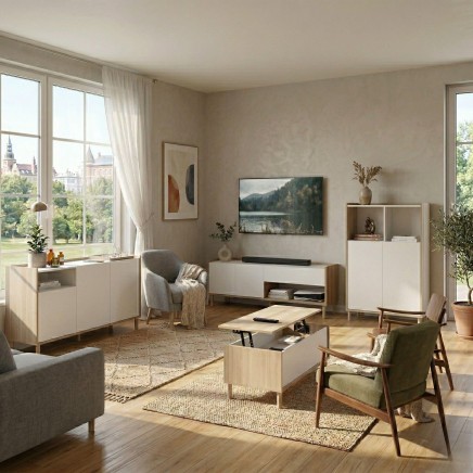 Sala de estar moderna con muebles en madera y blanco incluyendo mueble TV y estanterías