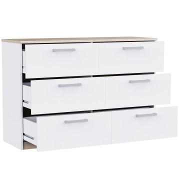 Cómoda blanca con seis cajones y tirador metálico gris y superficie superior en tonos claros