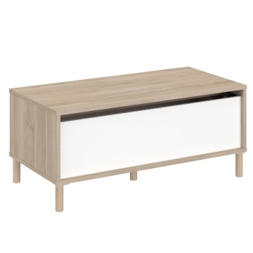 Mesa de centro rectangular en madera natural con frente blanco y patas de madera cilíndricas