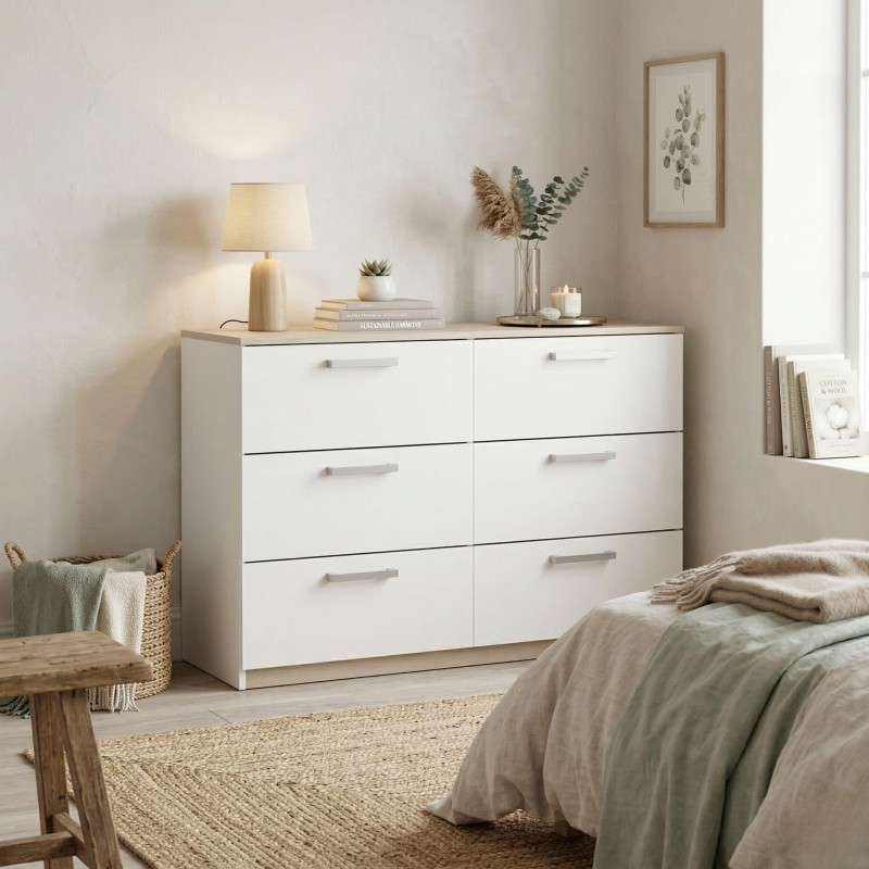 Cómoda blanca con seis cajones y tiradores plateados en dormitorio moderno y luminoso