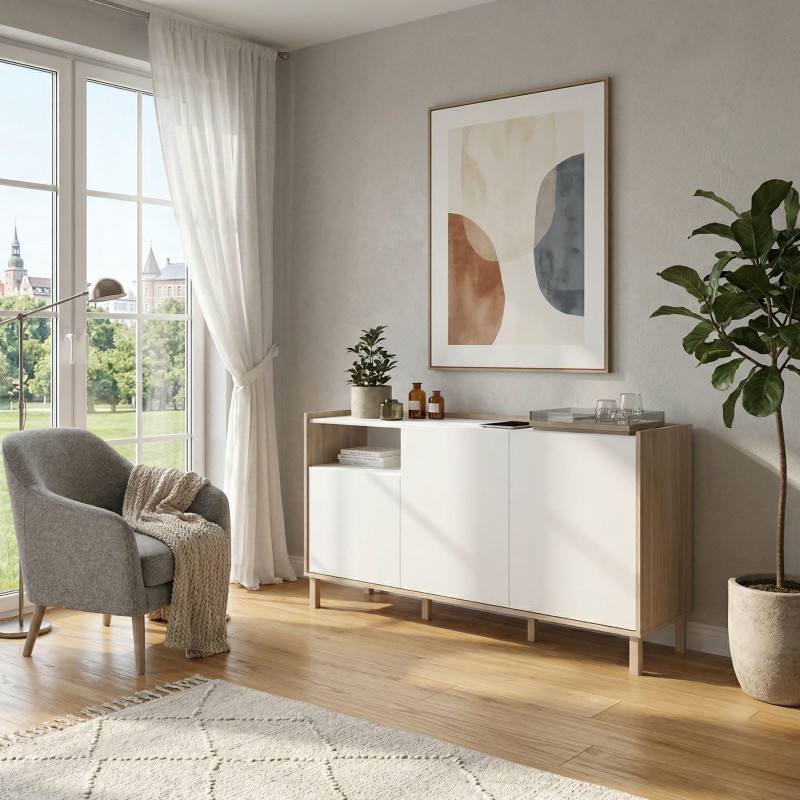 Aparador moderno de madera natural y frentes blancos con estante abierto en ambiente de salón luminoso