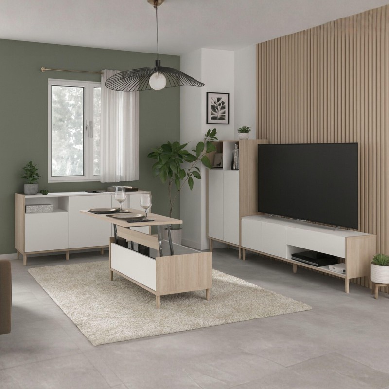 Salón completo con muebles de madera natural y blanco incluyendo mueble TV y aparador en ambiente moderno