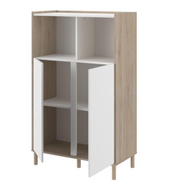 Mueble estantería modular madera clara y blanco con puertas y compartimentos abiertos