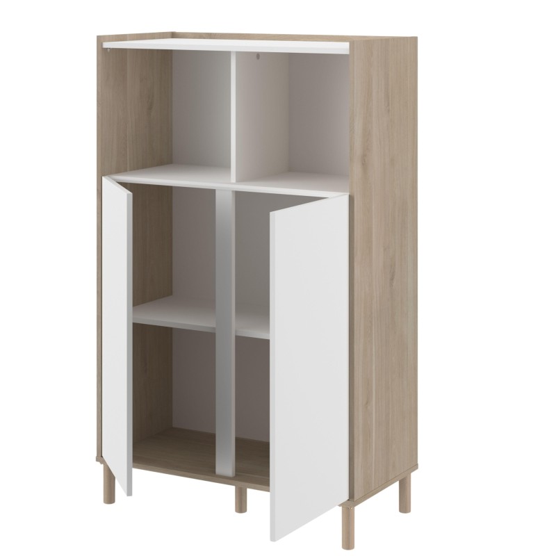 Mueble estantería modular madera clara y blanco con puertas y compartimentos abiertos